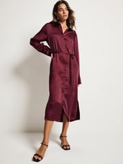 Burgundy Red Satin Midi Shirt Dress - Image 2 of 9