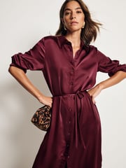 Burgundy Red Satin Midi Shirt Dress - Image 4 of 9