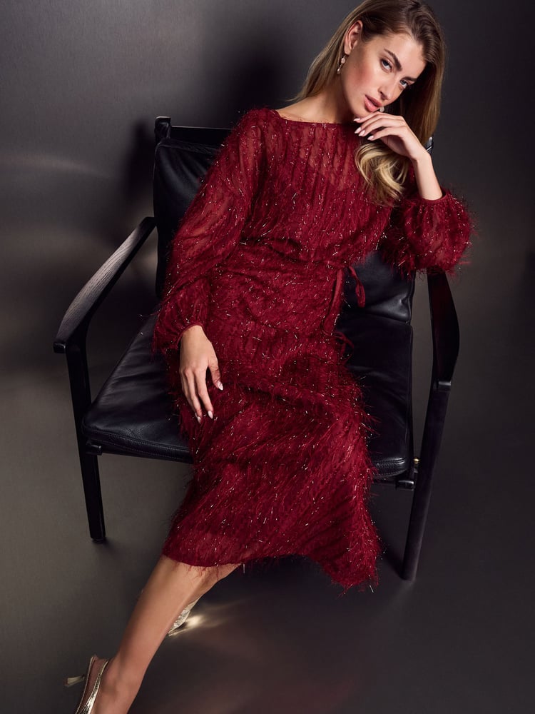 Red Wine Long Sleeve Tie Waist Sparkle Maxi Dress - Image 1 of 4