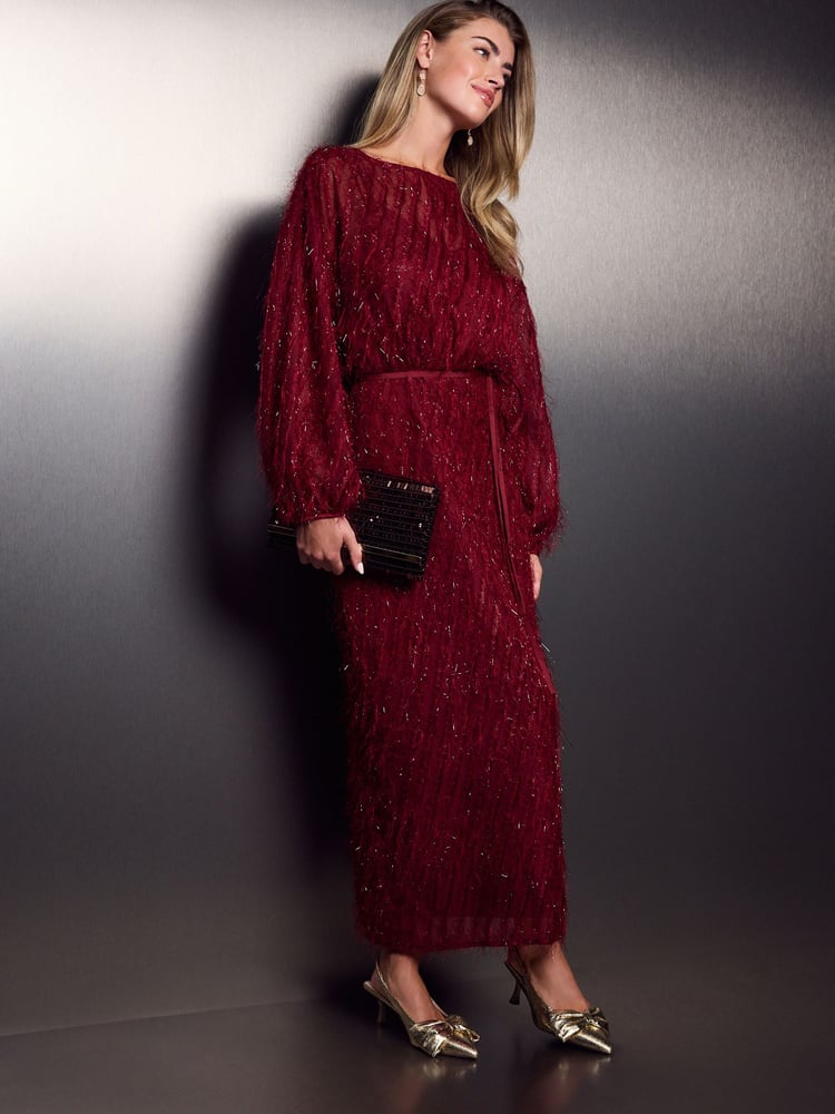 Red Wine Long Sleeve Tie Waist Sparkle Maxi Dress - Image 2 of 4
