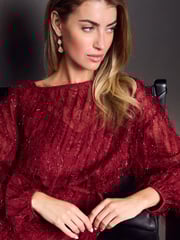 Red Wine Long Sleeve Tie Waist Sparkle Maxi Dress - Image 4 of 4