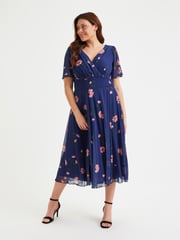 Scarlett & Jo Navy Blue Victoria Angel Sleeve Mesh Midi long Dress - Image 1 of 4