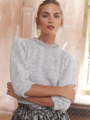 Love & Roses Grey Jewel Embellished 3/4 Sleeve Jumper - Image 1 of 4