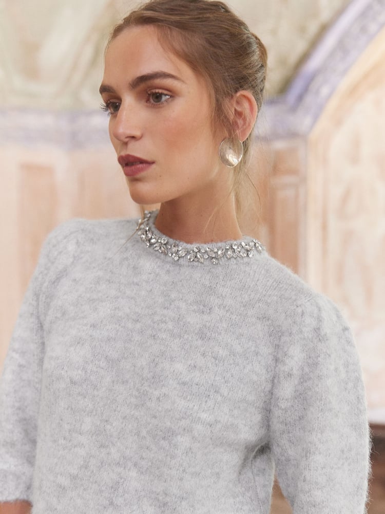 Love & Roses Grey Jewel Embellished 3/4 Sleeve Jumper - Image 2 of 4
