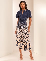 Lipsy Navy Ruched Front Keyhole Cut Out Asymmetrical Midi Dress - Image 1 of 4