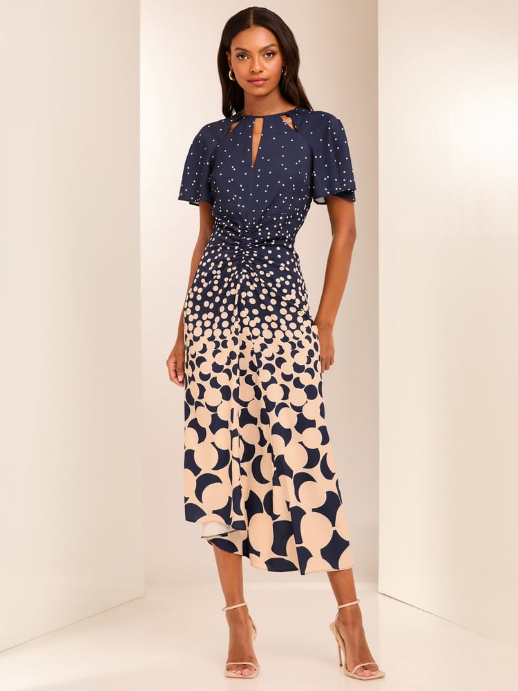 Lipsy Navy Ruched Front Keyhole Cut Out Asymmetrical Midi Dress - Image 1 of 4