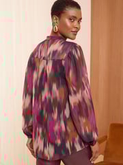 Love & Roses Black Printed Petite Zip Front Mix Sheer Long Sleeve Blouse - Image 4 of 4