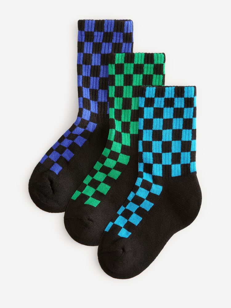 Checkerboard Cushioned Footbed Cotton Rich Ribbed Socks 3 Pack - Image 1 of 6