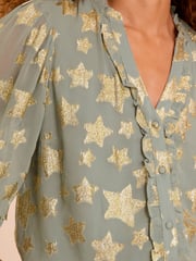 Love & Roses Grey Metallic Petite Metallic Star Ruffle Front 3/4 Sleeve Blouse - Image 2 of 4