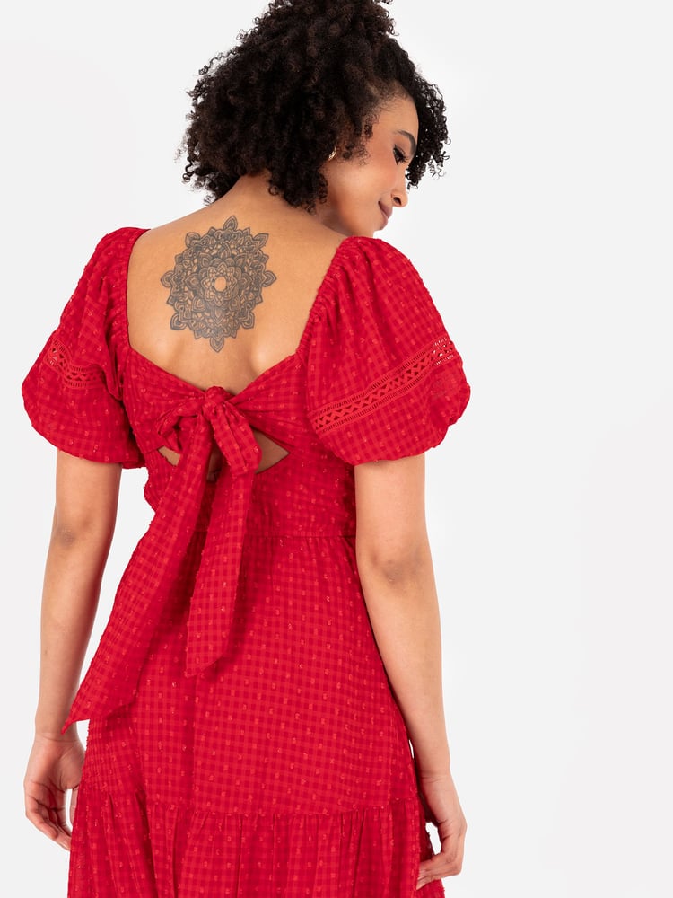 Lovedrobe Red Shirring Front Tiered Midaxi Dress With Trim Detail - Image 5 of 5