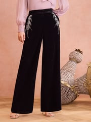 Love & Roses Black Velvet Hand Embellished Wide Leg Trouser - Image 1 of 4