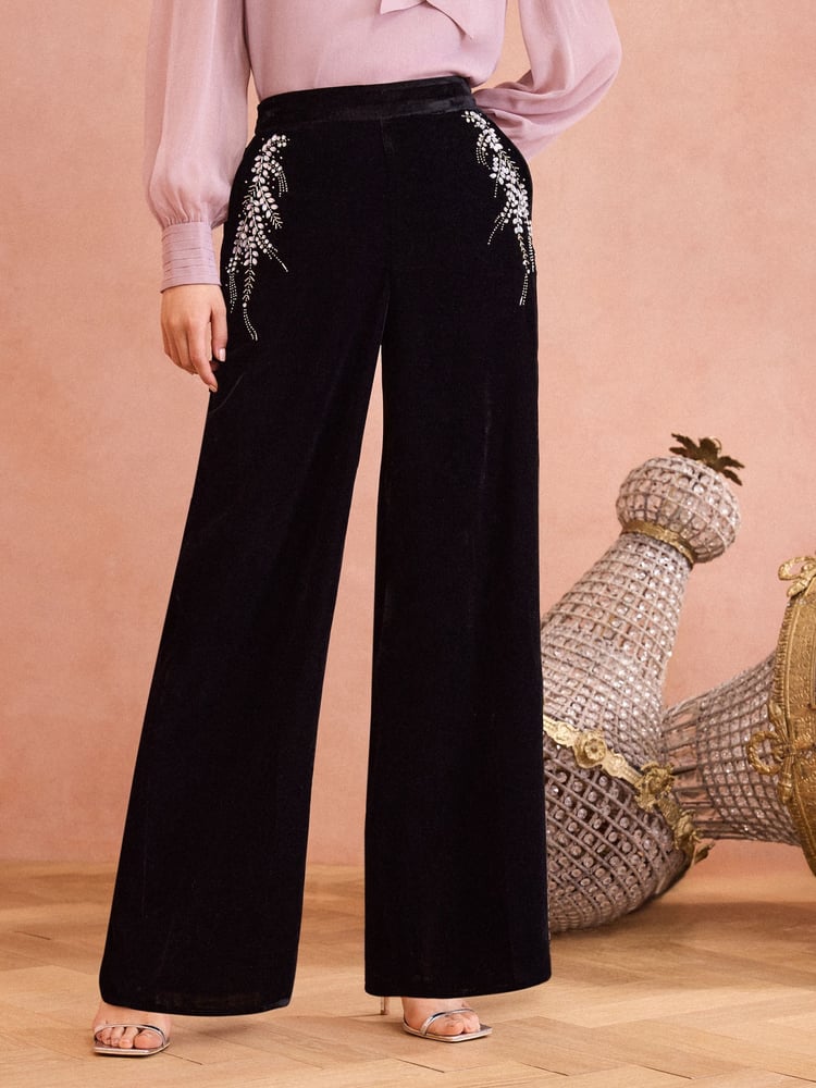 Love & Roses Black Velvet Hand Embellished Wide Leg Trouser - Image 1 of 4