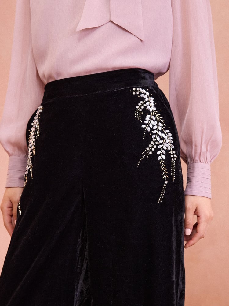 Love & Roses Black Velvet Hand Embellished Wide Leg Trouser - Image 2 of 4