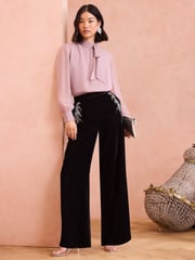 Love & Roses Black Velvet Hand Embellished Wide Leg Trouser - Image 3 of 4