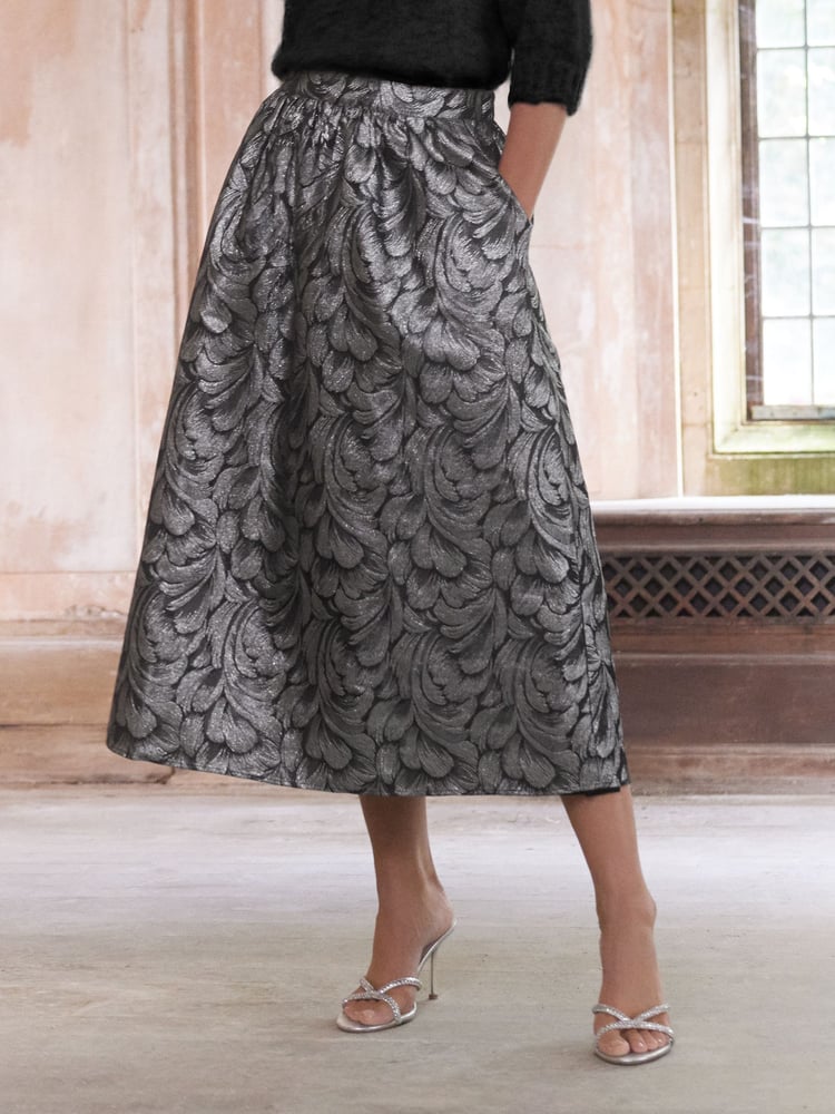 Love & Roses Silver Feather Jacquard Midi Skirt - Image 1 of 4