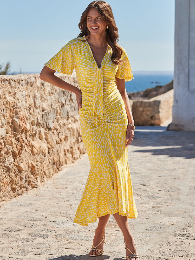 Sosandar Yellow Spot Print Ruchded Front Frill Hem Jersey Midaxi Dress - Image 1 of 5