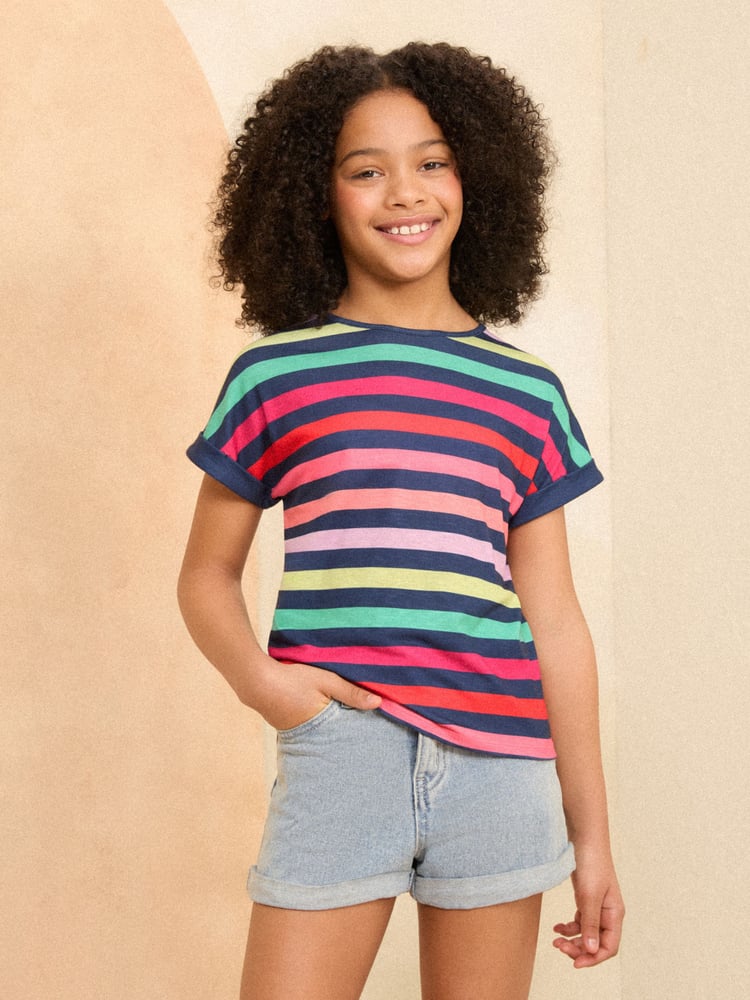 Love & Roses Blue Ombre/ Rainbow Stripe 2 Pack Crew Neck Jersey T-Shirt (5-16yrs) - Image 2 of 7