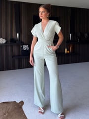 Girl In Mind Pistachio Bridget Twist Front Split Arm Jumpsuit - Image 1 of 4
