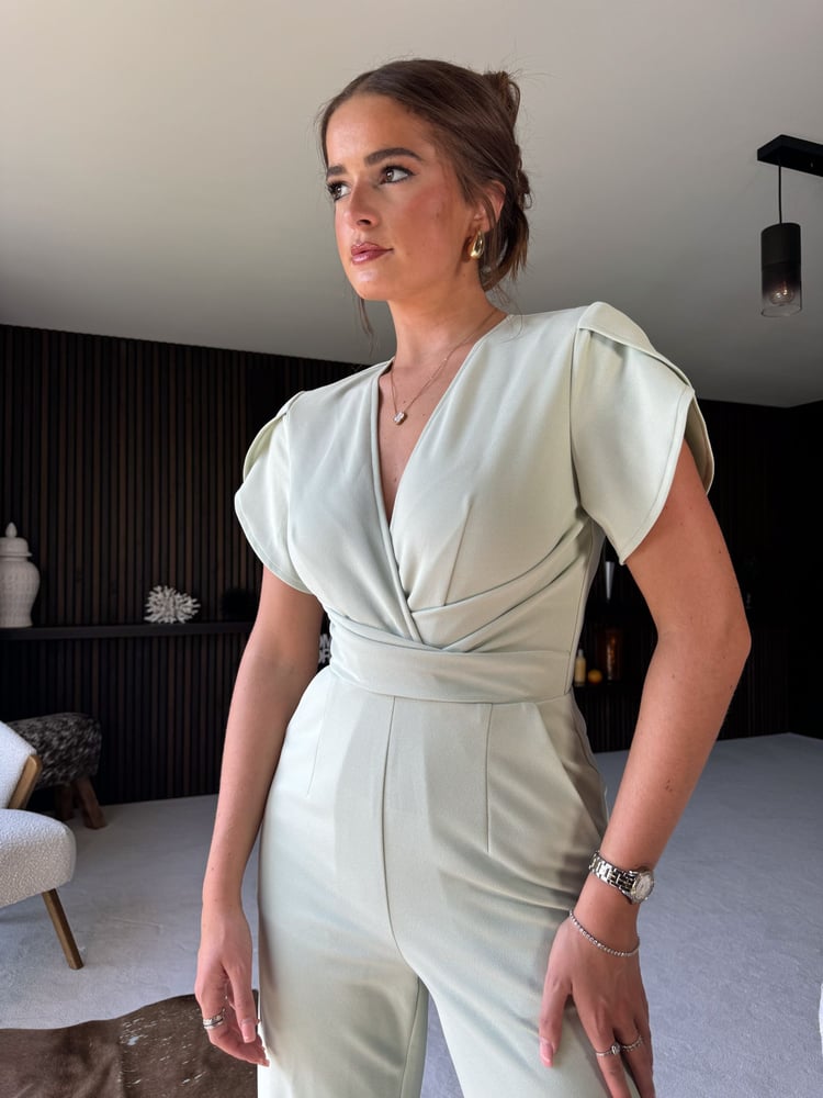 Girl In Mind Pistachio Bridget Twist Front Split Arm Jumpsuit - Image 4 of 4