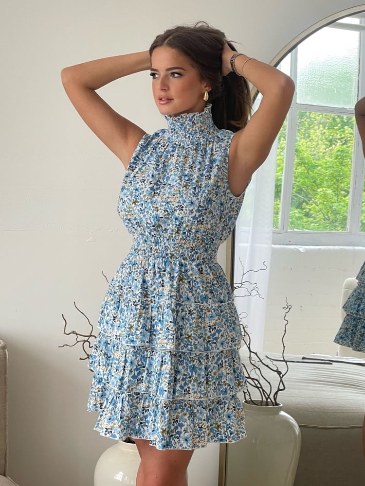 Girl In Mind Blue Esmeralda Shirred Waist Frill Skirt Mini Dress - Image 1 of 4