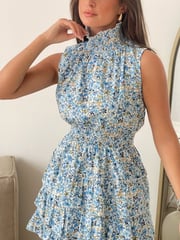 Girl In Mind Blue Esmeralda Shirred Waist Frill Skirt Mini Dress - Image 2 of 4