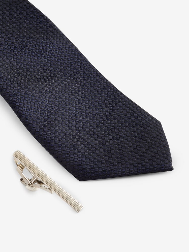 Dark Blue Textured Tie And Clip Set - Image 2 of 3
