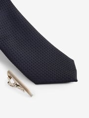 Dark Blue Slim Textured Tie And Clip Set - Image 2 of 3