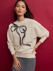 Ecru/Silver Christmas Sparkle Sequin Front Bow Graphic Crew Neck Sweatshirt - Image 3 of 8