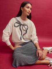 Ecru/Silver Christmas Sparkle Sequin Front Bow Graphic Crew Neck Sweatshirt - Image 4 of 8