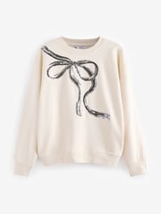 Ecru/Silver Christmas Sparkle Sequin Front Bow Graphic Crew Neck Sweatshirt - Image 5 of 8