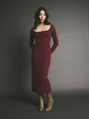 Burgundy Red Cosy Soft Touch Midi Length Long Sleeve Dress - Image 1 of 4