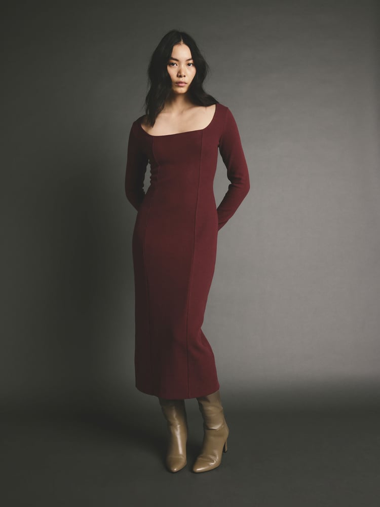 Burgundy Red Cosy Soft Touch Midi Length Long Sleeve Dress - Image 1 of 4