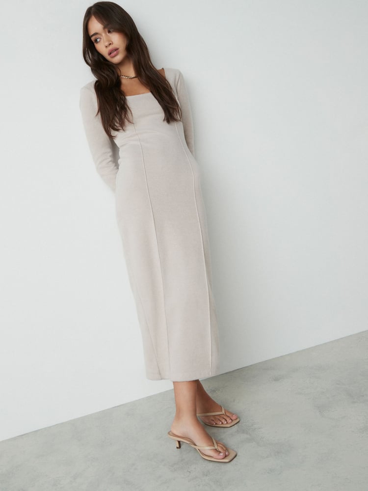 Neutral Cosy Soft Touch Midi Length Long Sleeve Dress - Image 1 of 5 Neutral Cosy Soft Touch Midi Length Long Sleeve Dress - Image 1 of 5