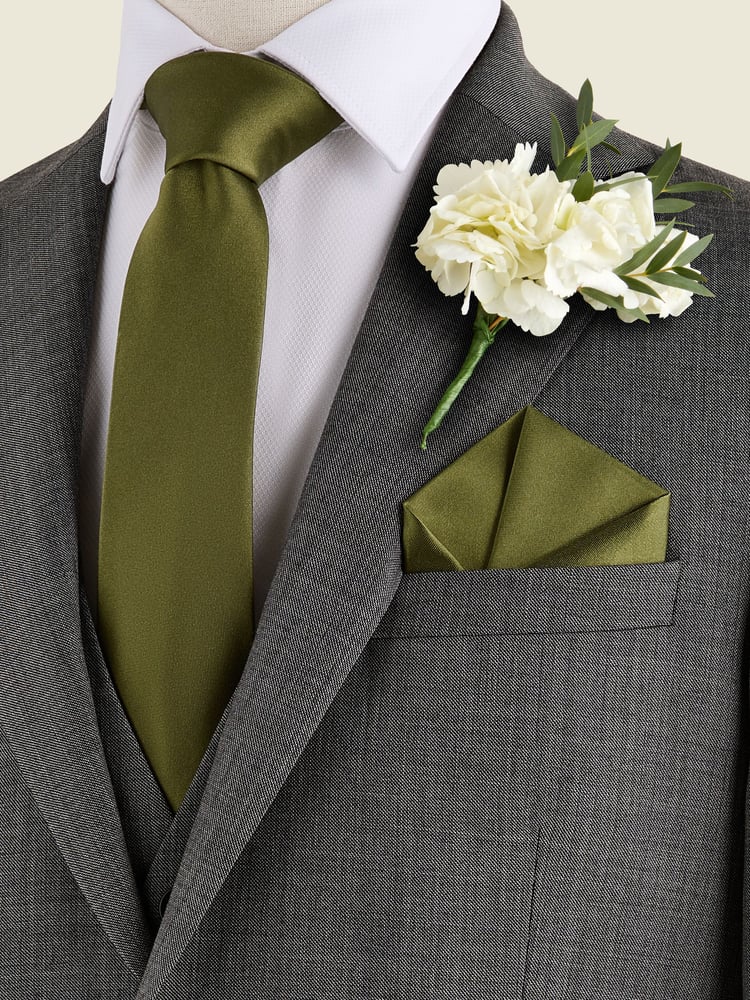 Moss Green Silk Tie And Pocket Square Set - Image 1 of 7