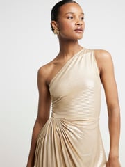 River Island Gold Asym Pleat Slit Midi Dress - Image 3 of 5