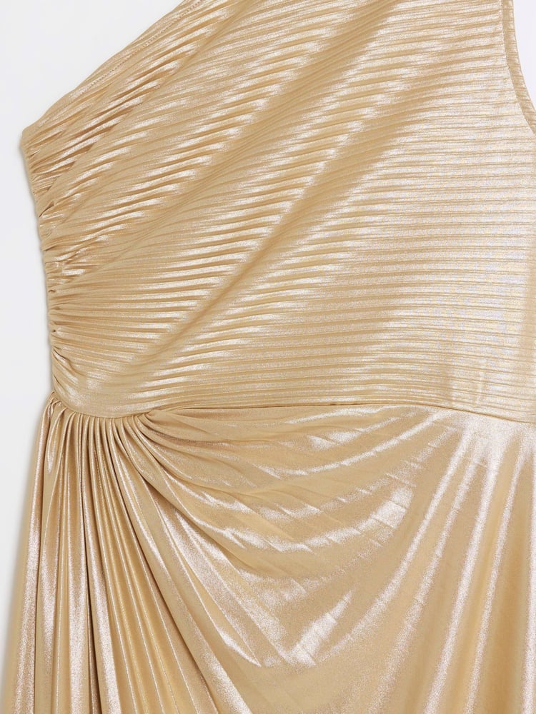 River Island Gold Asym Pleat Slit Midi Dress - Image 5 of 5