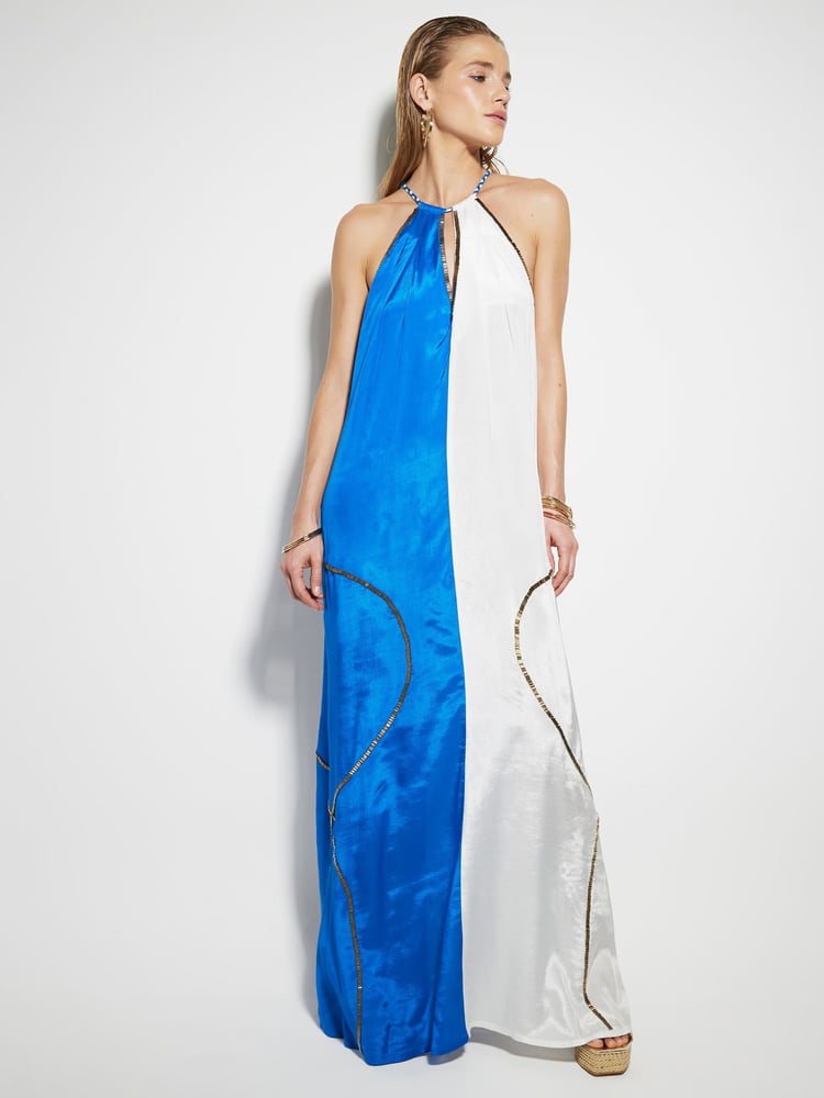 River Island Blue Colour Block Halter Neck Maxi Dress - Image 1 of 3