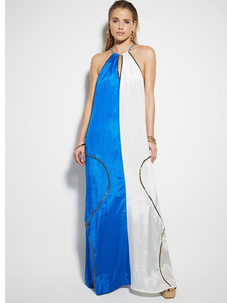 River Island Blue Colour Block Halter Neck Maxi Dress - Image 2 of 3