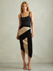 Reiss Black/Camel Jess Knitted Colourblock Asymmetric Midi Skirt - Image 1 of 6