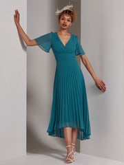 Jolie Moi Teal Blue Elene Pleated High Low Chiffon Maxi Dress - Image 1 of 6