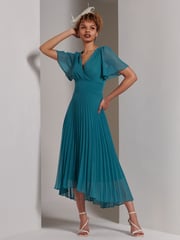 Jolie Moi Teal Blue Elene Pleated High Low Chiffon Maxi Dress - Image 4 of 6
