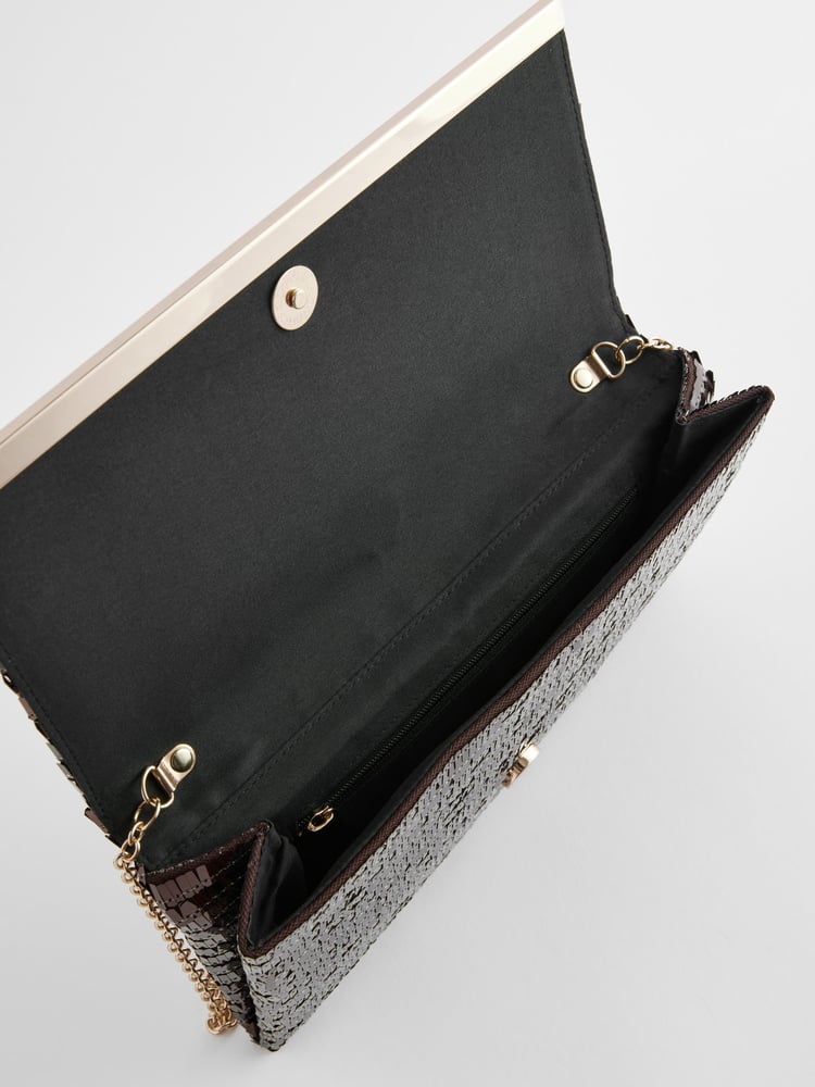 Chocolate Brown Sequin Clutch Bag With Detachable Cross-Body Chain - Image 5 of 5