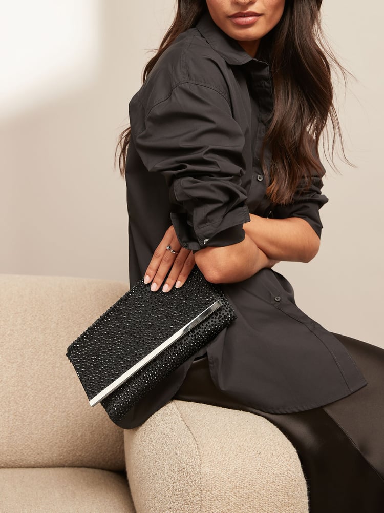 Black Sparkle Clutch Bag With Detachable Cross-Body Chain - Image 1 of 9
