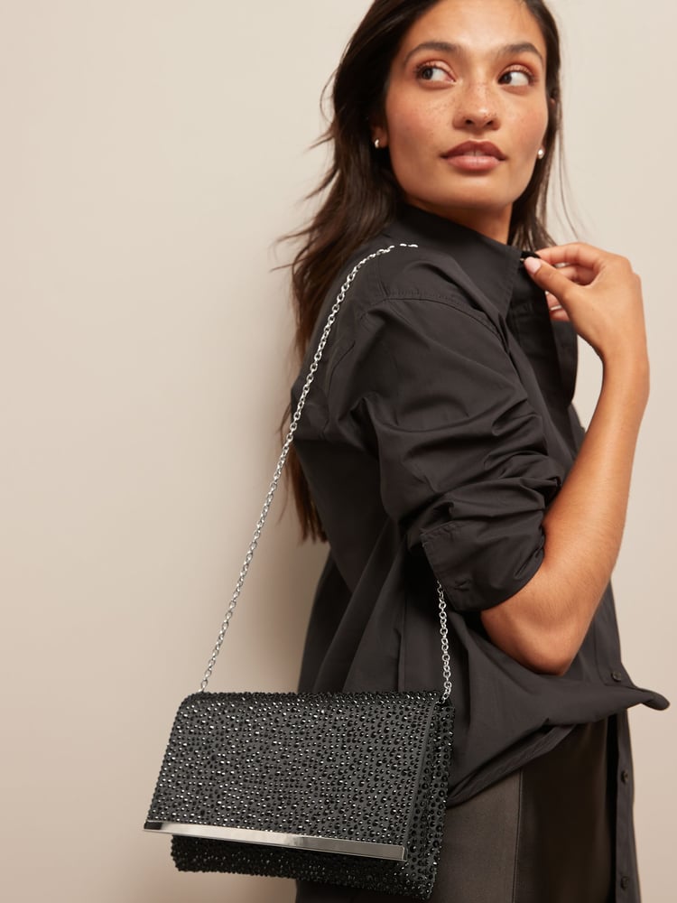 Black Sparkle Clutch Bag With Detachable Cross-Body Chain - Image 2 of 9