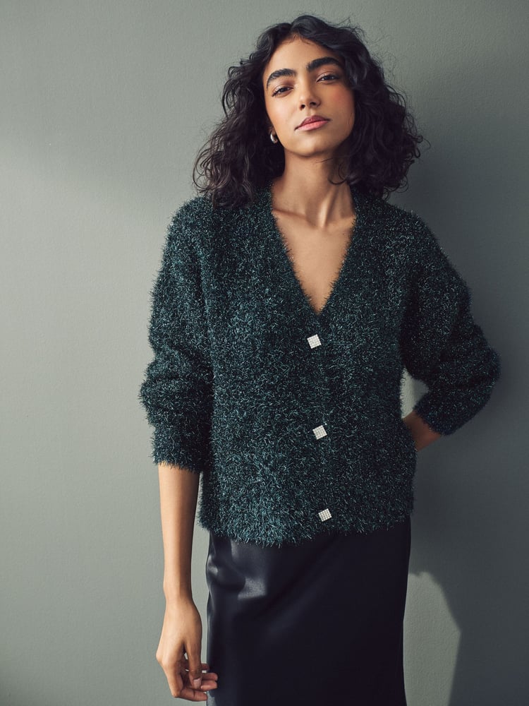 Dark Green Sparkle Tinsel Knitted Cardigan - Image 1 of 8