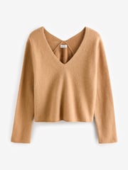 Camel Brown Premium 100% Cashmere V-Neck Knitted Jumper - Image 6 of 8