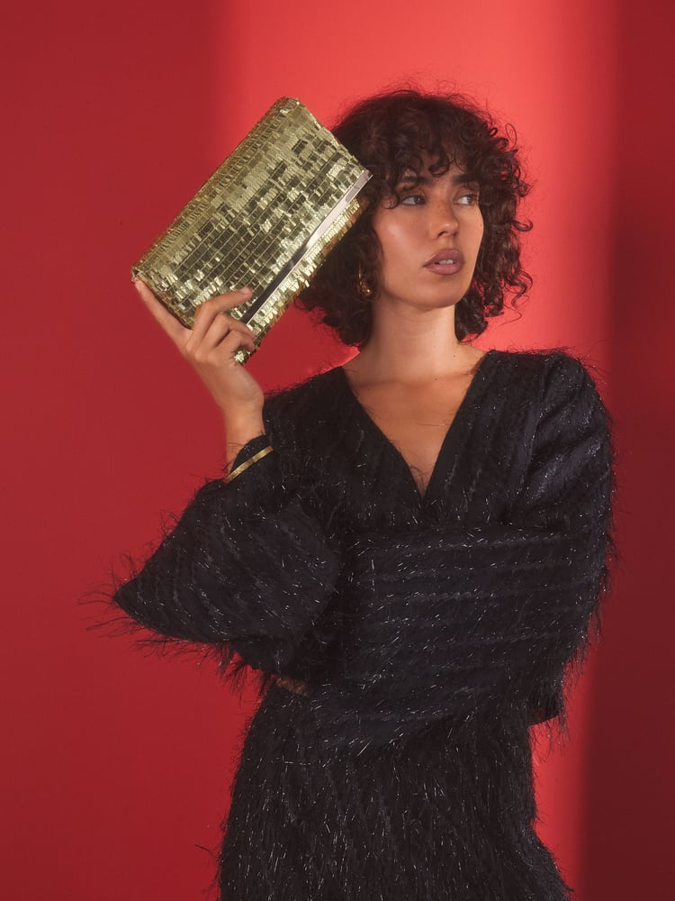 Gold Sequin Clutch Bag With Detachable Cross-Body Chain - Image 1 of 9 Gold Sequin Clutch Bag With Detachable Cross-Body Chain - Image 1 of 9
