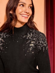 Love & Roses Christmas Black Sequin Snowflake Cosy Crew Neck Longline Jumper - Image 3 of 4