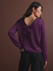 Red Burgundy Berry Sequin Embellished Sparkle Bow Back Knitted Jumper - Image 1 of 7