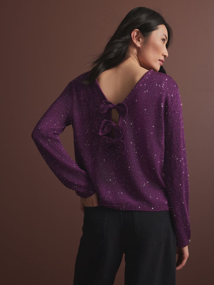 Red Burgundy Berry Sequin Embellished Sparkle Bow Back Knitted Jumper - Image 1 of 7
